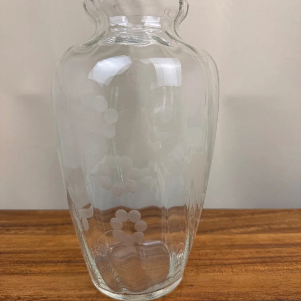 Vintage Hand Blown Optic Glass Vase Etched Floral Scalloped Rim Clear 8 inch